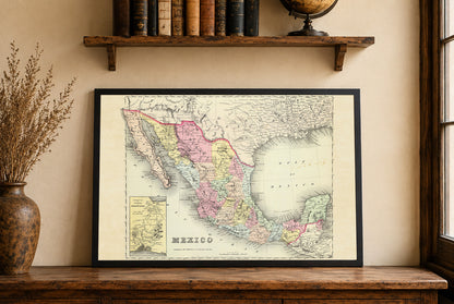 Impression cartographique du Mexique de 1856 - Carte vintage avec les frontières des États et les détails régionaux