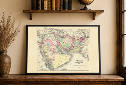 Affiche carte de la Perse et de l'Arabie de 1856 – Régions coloriées à la main incluant l'Iran, l'Arabie et l'Afghanistan