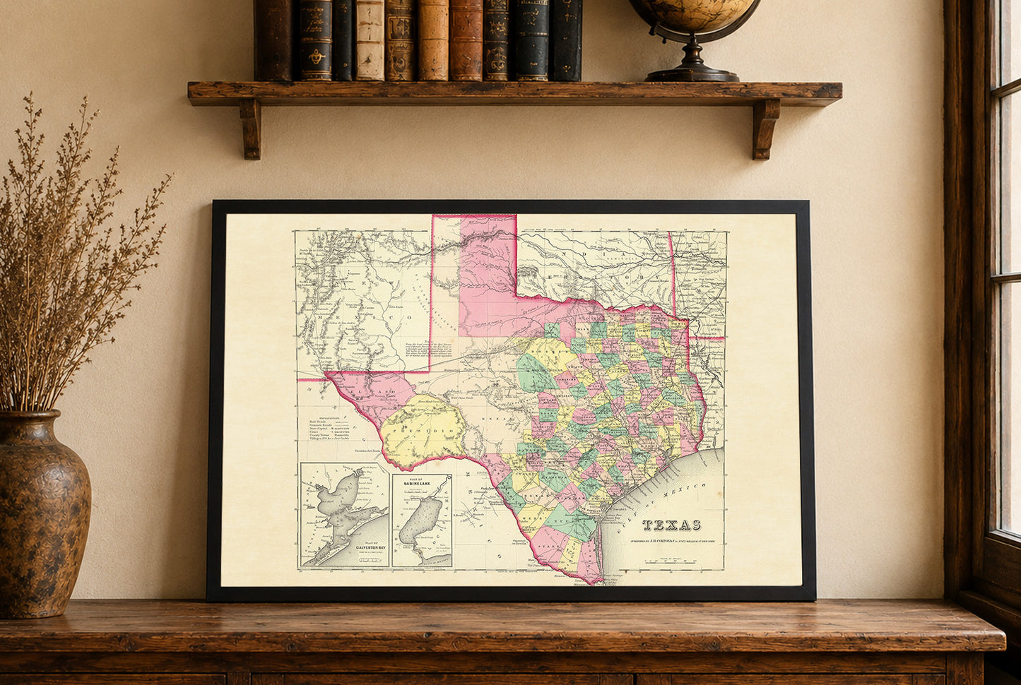 1856 Texas Map Poster - Hand-Colored County Map with Detailed Boundaries