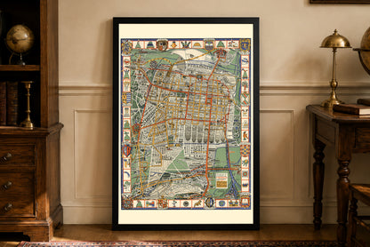 1932 Mexico City Map Poster - Decorative Pictorial Plan with Aztec Symbols