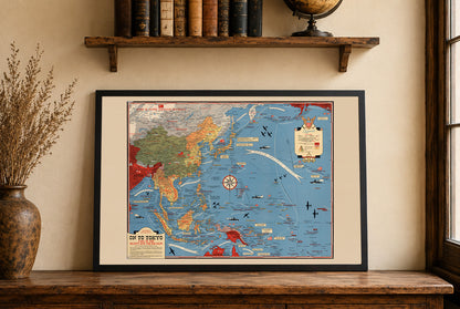 Affiche de la carte du théâtre du Pacifique 1944 - Imprimé illustré de la Seconde Guerre mondiale de l'Asie et du Pacifique : En route vers Tokyo
