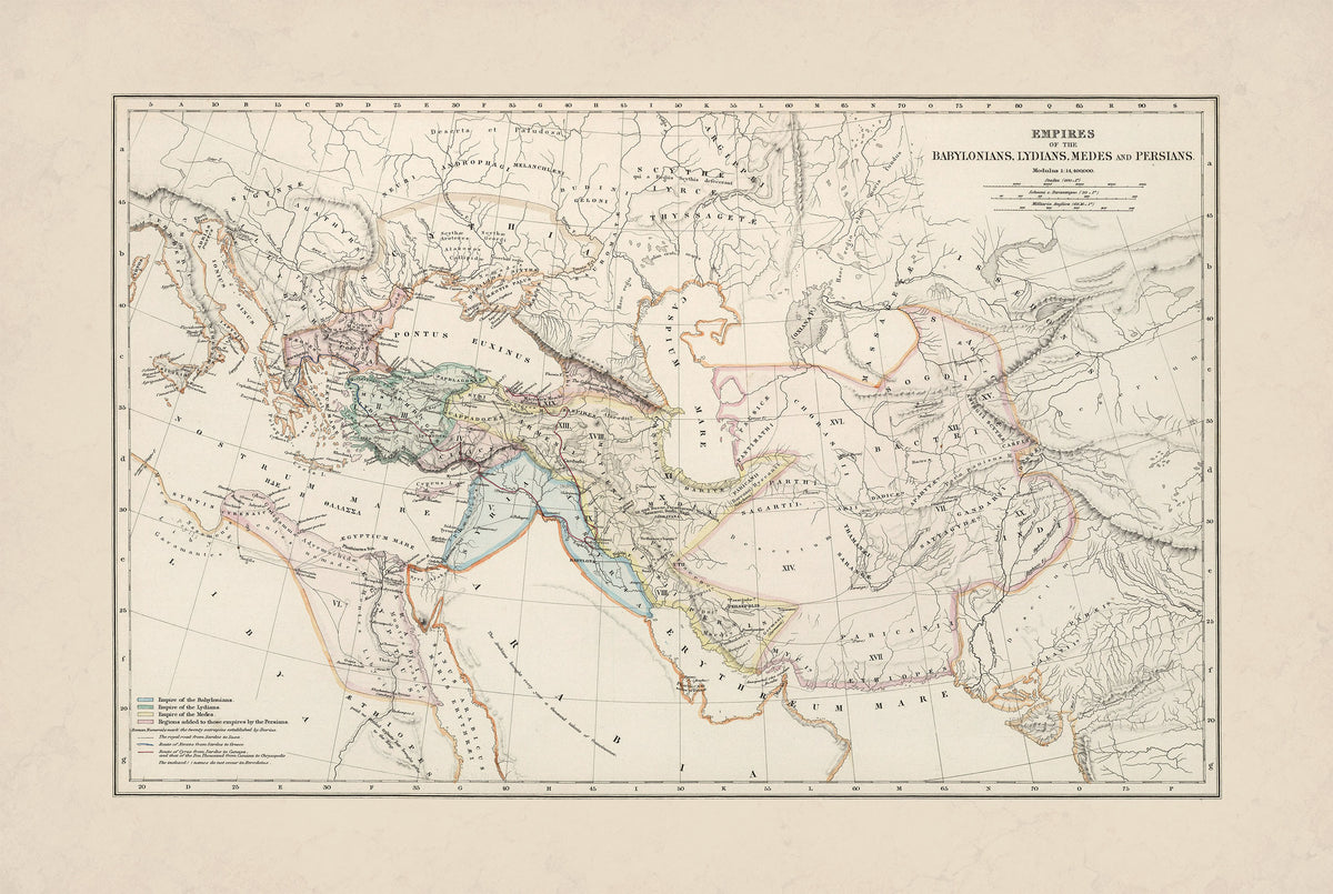 Empires Antiques 1873 - Babylone, Lydie, Médie & Perse - Affiche Carte Historique