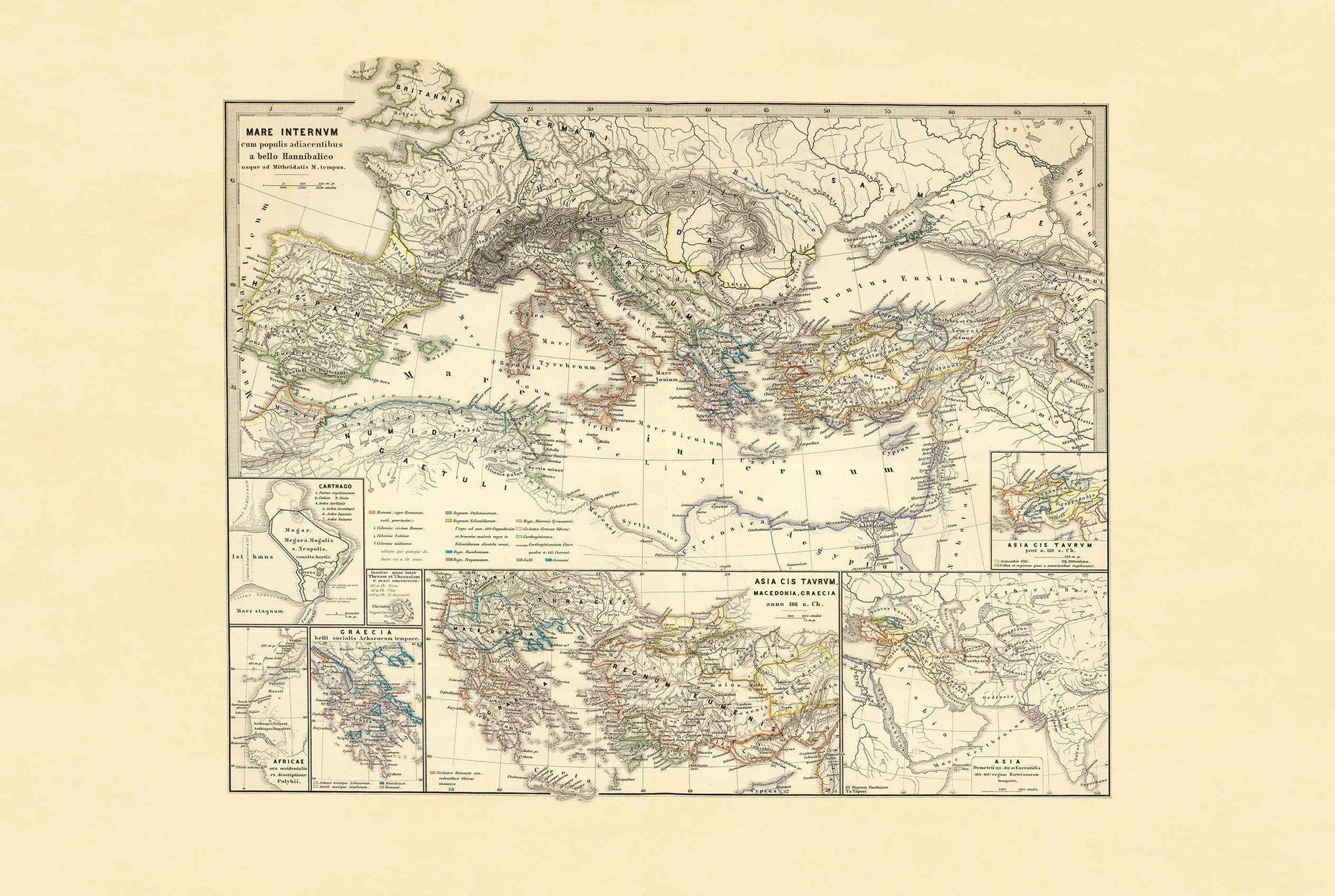 Ancient Mediterranean Map Poster - Punic Wars & Mithridates Historical Wall Art