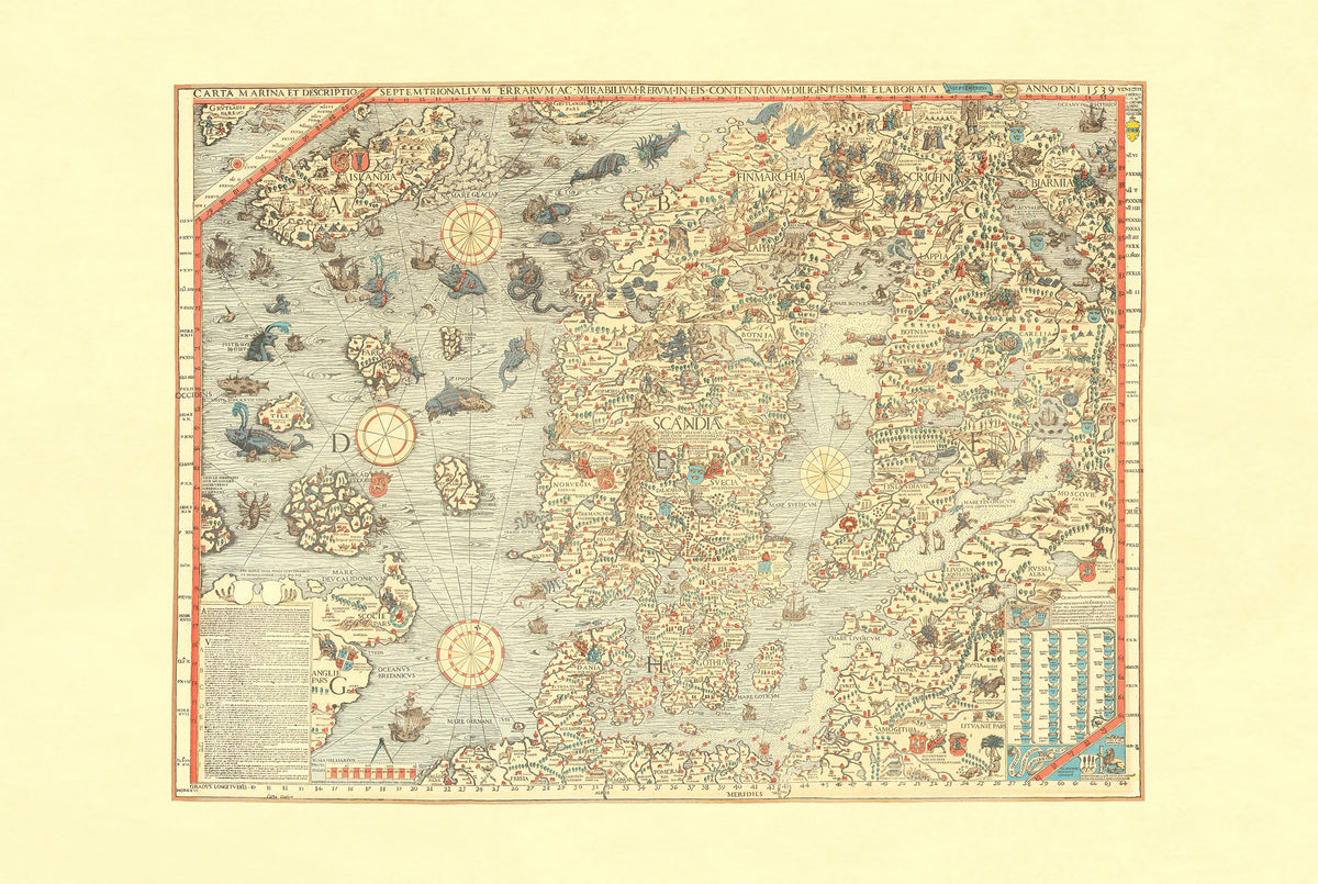 Carta Marina 1539 - Olaus Magnus - Scandinavie & Monstres Marins - Affiche Carte Historique