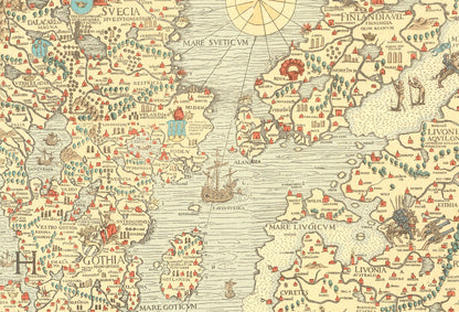 Carta Marina 1539 - Olaus Magnus - Scandinavie & Monstres Marins - Affiche Carte Historique