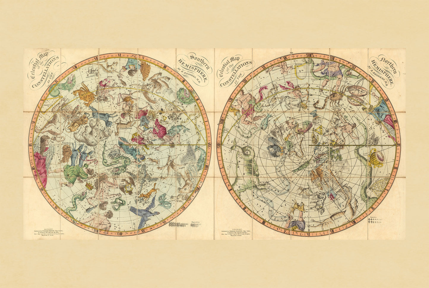 Poster Carte des Constellations Célestes (1820) – Carte du Ciel Vintage des Hémisphères Nord et Sud