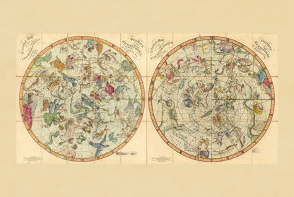 Poster Carte des Constellations Célestes (1820) – Carte du Ciel Vintage des Hémisphères Nord et Sud