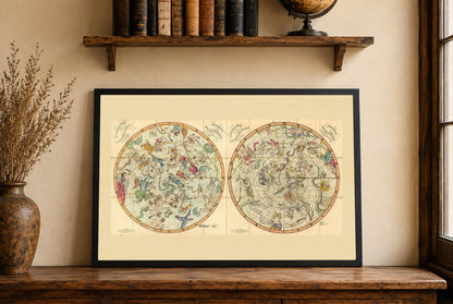 Poster Carte des Constellations Célestes (1820) – Carte du Ciel Vintage des Hémisphères Nord et Sud