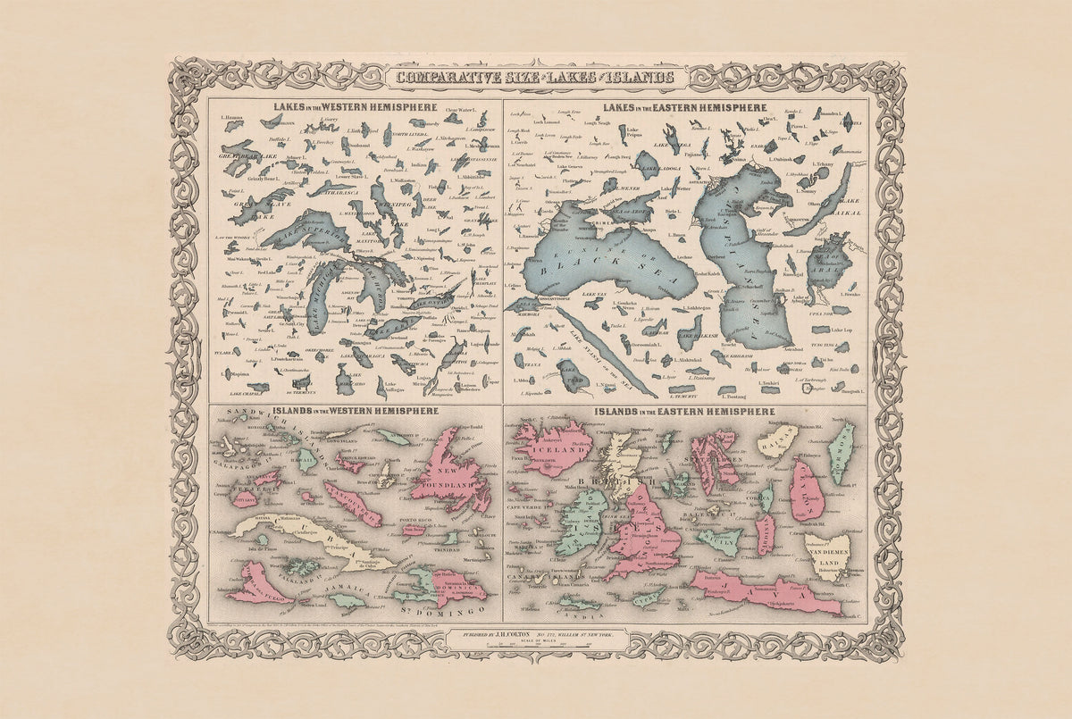 Taille Comparative des Lacs et des Îles 1855 - G.W. Colton - Affiche Carte Historique