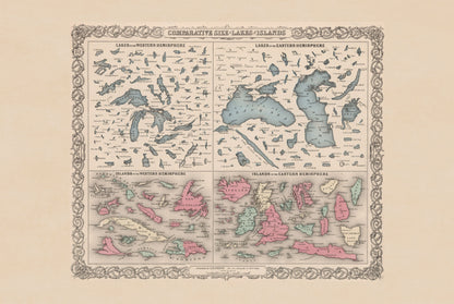 Taille Comparative des Lacs et des Îles 1855 - G.W. Colton - Affiche Carte Historique