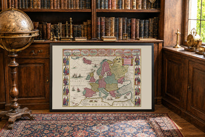 Europe 1665 - Carte historique avec costumes nobles et grandes villes