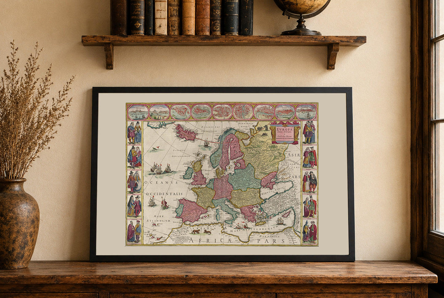 Europe 1665 - Carte historique avec costumes nobles et grandes villes