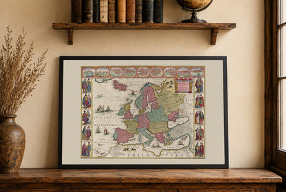 Europe 1665 - Carte historique avec costumes nobles et grandes villes