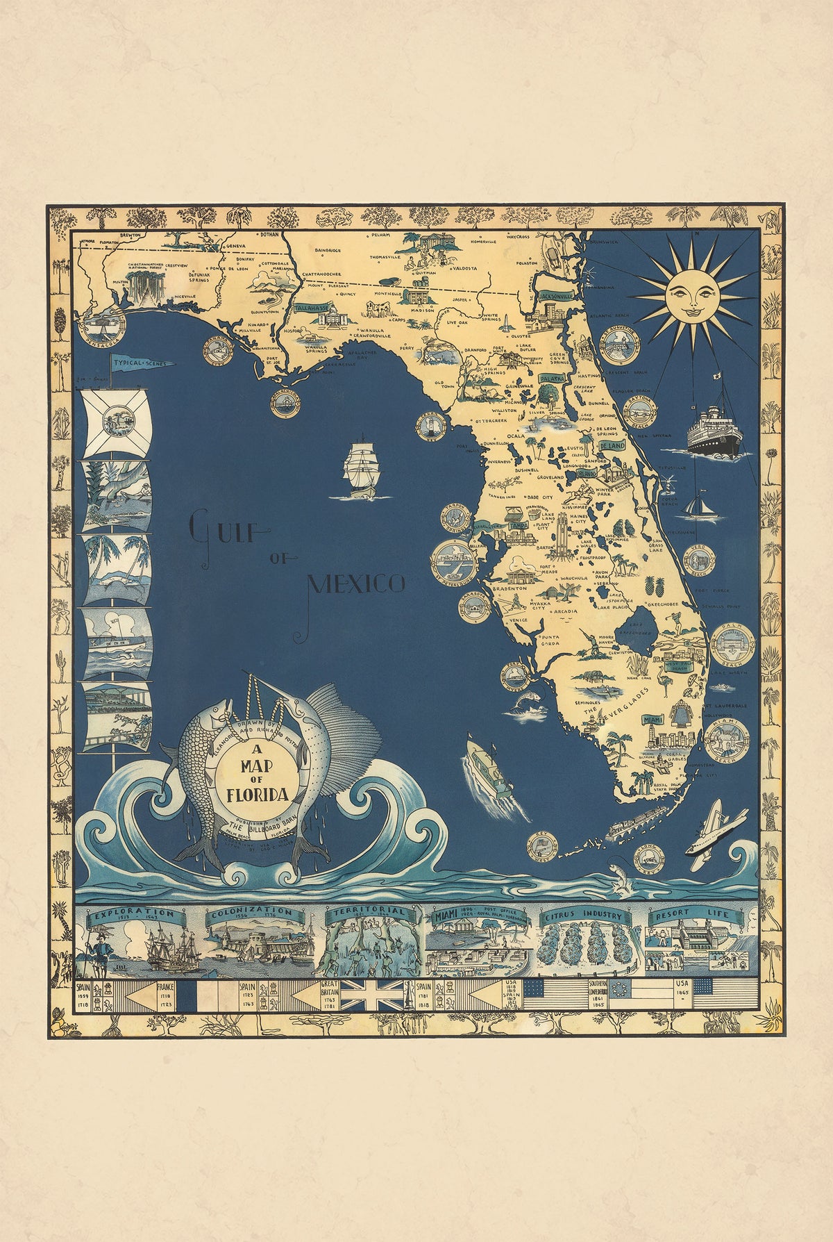 Floride 1935 - Sunshine State - Eleanore & Richard Foster - Affiche Carte Illustrée