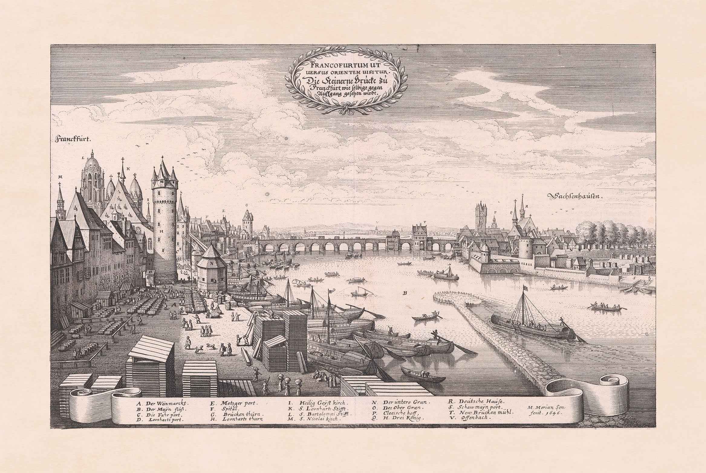 Frankfurt City Map Poster (1646) - Vintage Stone Bridge Engraving Wall Art