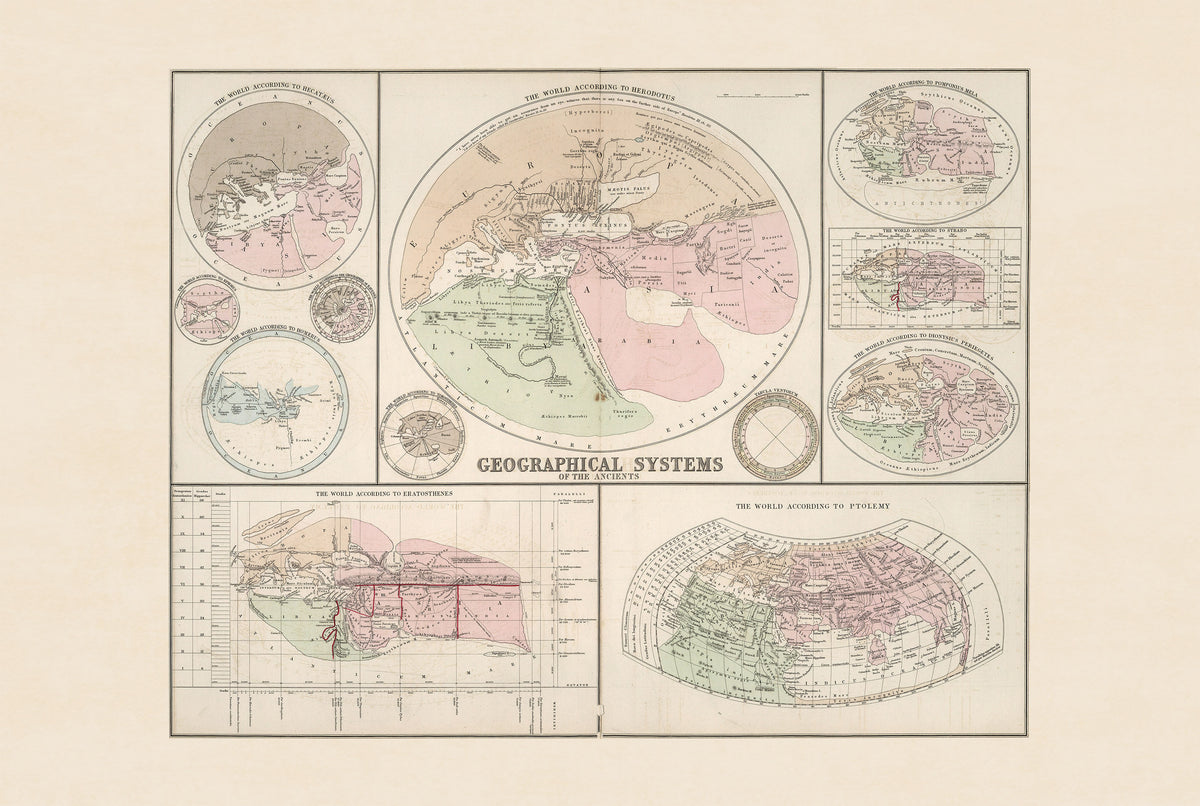 Systèmes Géographiques des Anciens 1874 - Affiche Carte Historique