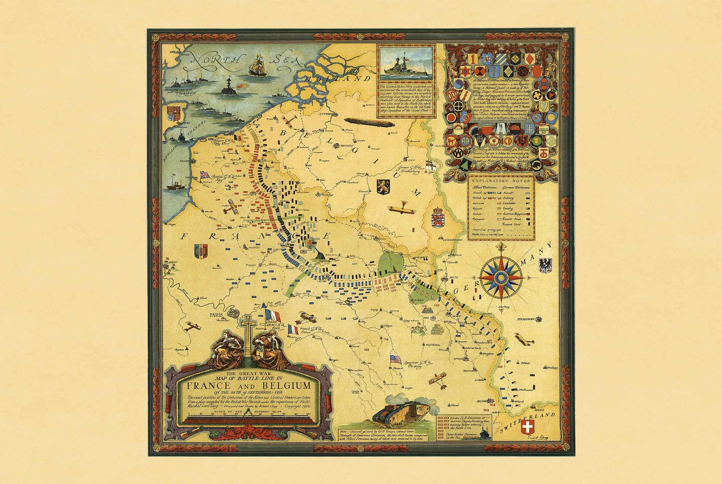 Great War Battle Lines Map Poster (1918) - Vintage World War I Military Wall Art