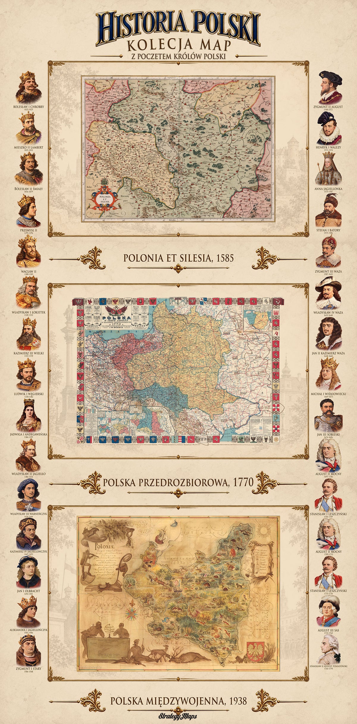 Histoire de la Pologne – Collection de 3 Cartes Historiques & Souverains Polonais – Affiche
