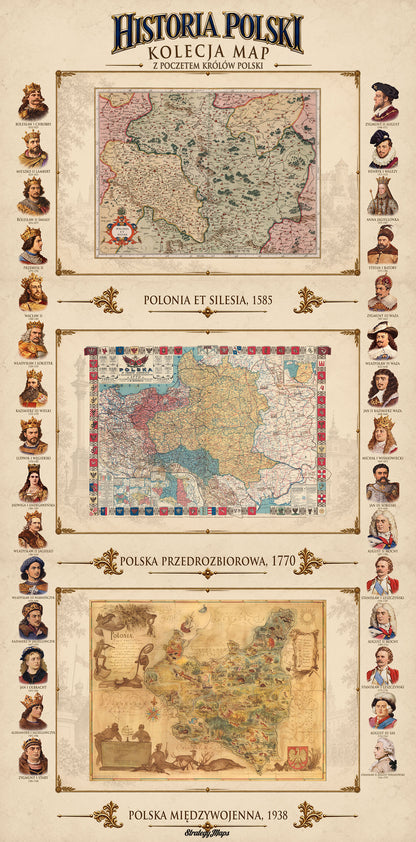 Histoire de la Pologne – Collection de 3 Cartes Historiques & Souverains Polonais – Affiche