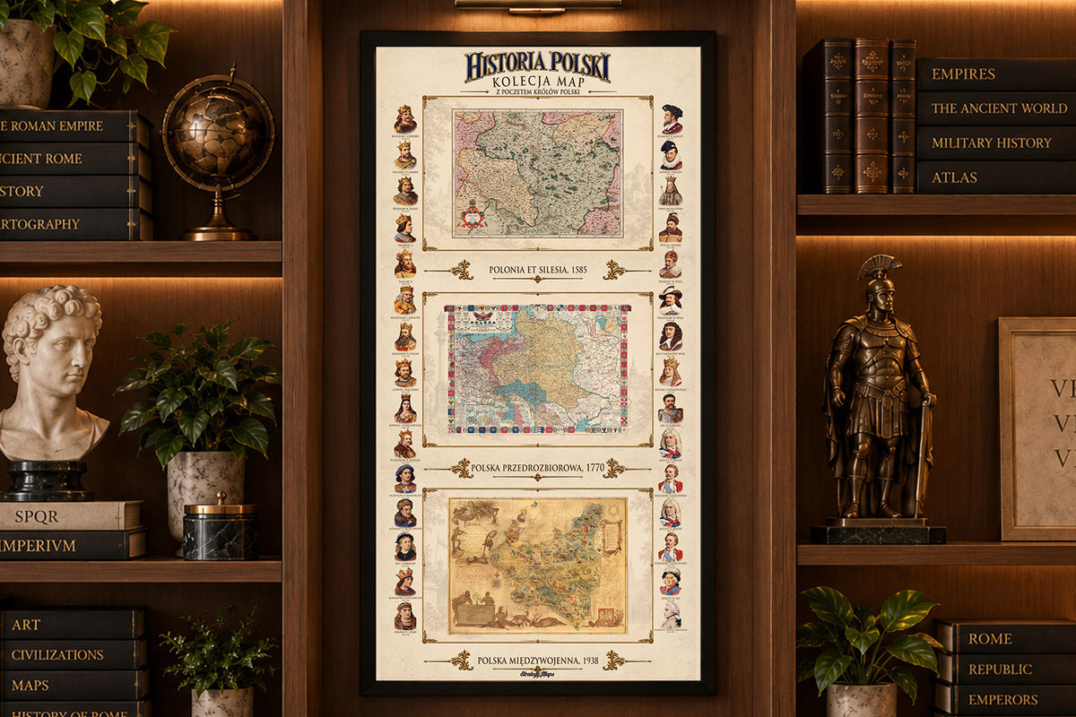 Histoire de la Pologne – Collection de 3 Cartes Historiques & Souverains Polonais – Affiche