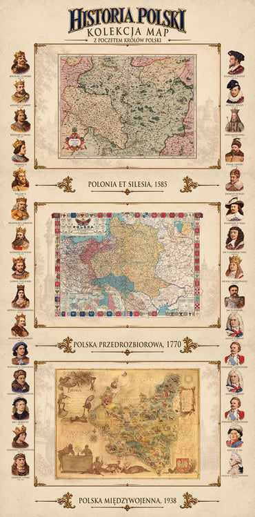 Colección de la historia de Polonia - 3 mapas históricos y gobernantes polacos - Póster de mapa