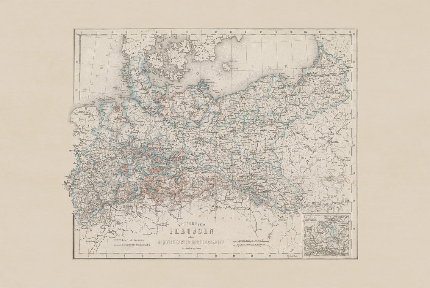 Poster Carte du Royaume de Prusse (1871) - Carte Ancienne des États de l'Allemagne du Nord