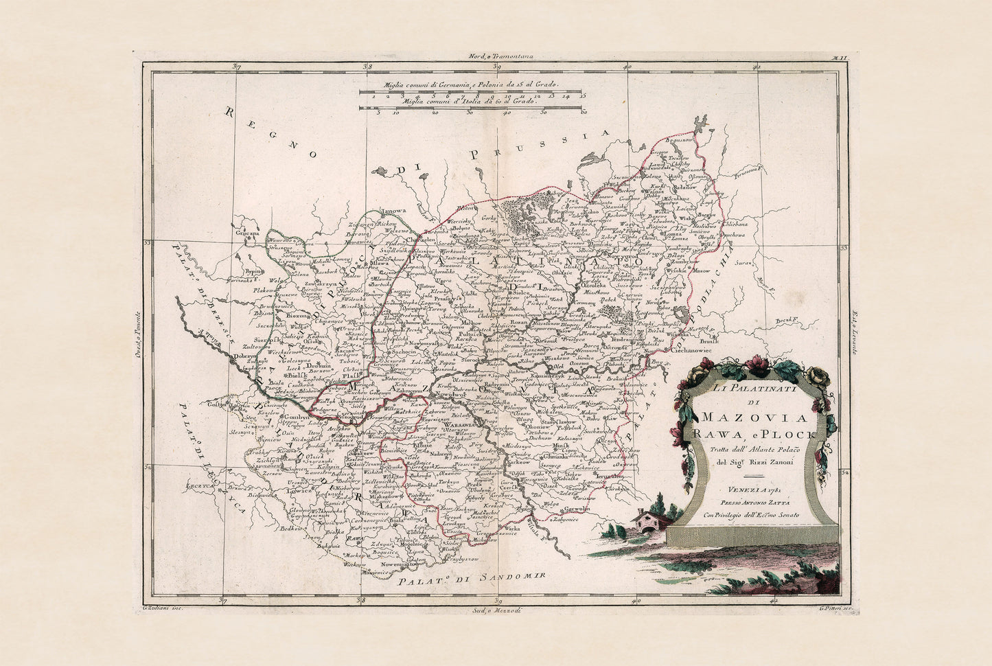 Poster di mappa storica della Masovia, Rawa e Płock – arte da parete della Polonia del XVIII secolo