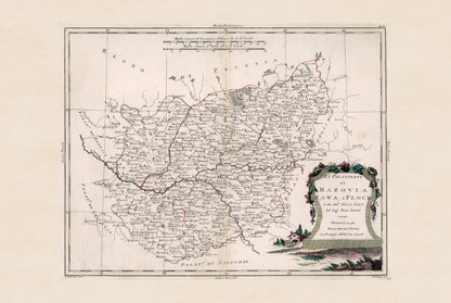 Poster di mappa storica della Masovia, Rawa e Płock – arte da parete della Polonia del XVIII secolo