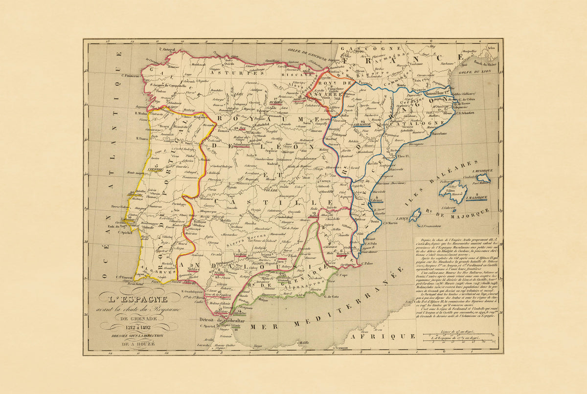 Espagne Médiévale 1212–1492 – Reconquista – Antoine Philippe Houze 1844 – Affiche Carte Historique