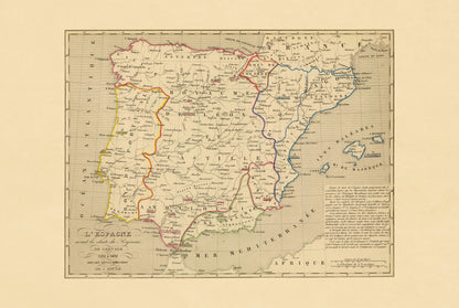 Espagne Médiévale 1212–1492 – Reconquista – Antoine Philippe Houze 1844 – Affiche Carte Historique