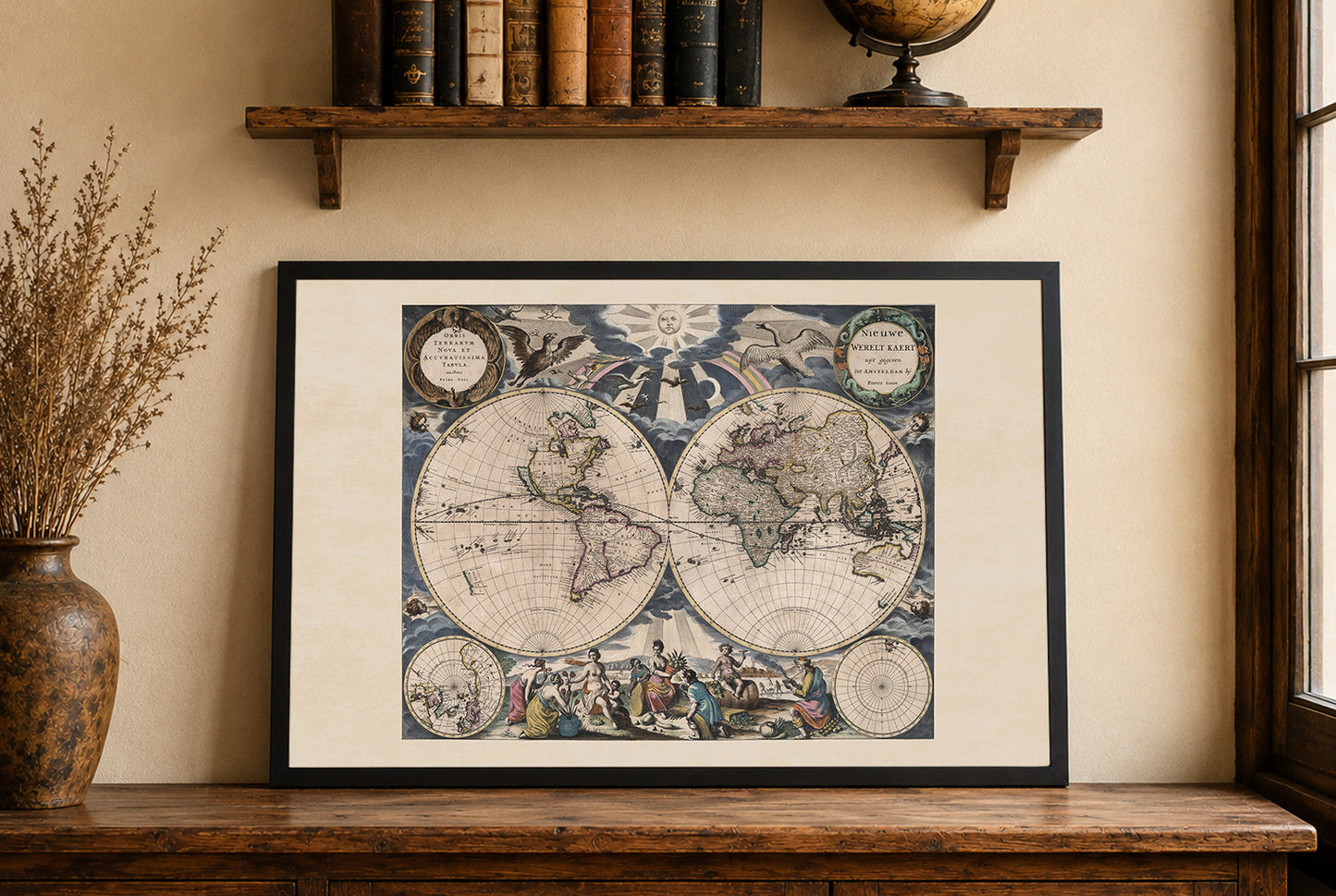 Pieter Goos 1667 World Map Poster - with Ornate Illustration and Atlas Style
