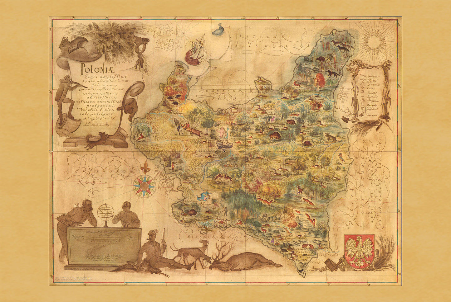 Carte de la Pologne de 1938 - Carte Illustrée « Poloniae » par Tadeusz Lipski & Eliasz Kanarek | Art Mural Vintage de l’Exposition Universelle