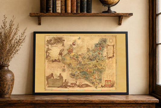 Carte de la Pologne de 1938 - Carte Illustrée « Poloniae » par Tadeusz Lipski & Eliasz Kanarek | Art Mural Vintage de l’Exposition Universelle