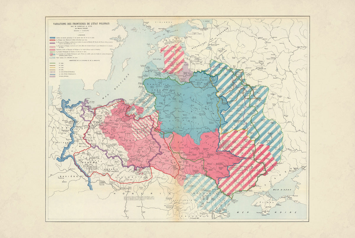 Frontières de la Pologne du Xe Siècle à 1770 - Maurice Fallex - Affiche Carte Historique