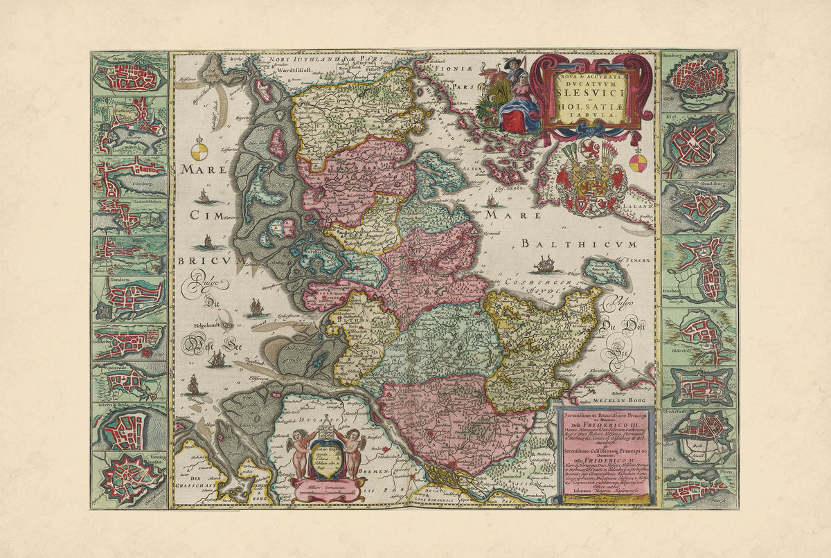 Schleswig & Holstein 1665 - 16 Plans de Villes - Joan Blaeu - Affiche Carte Historique