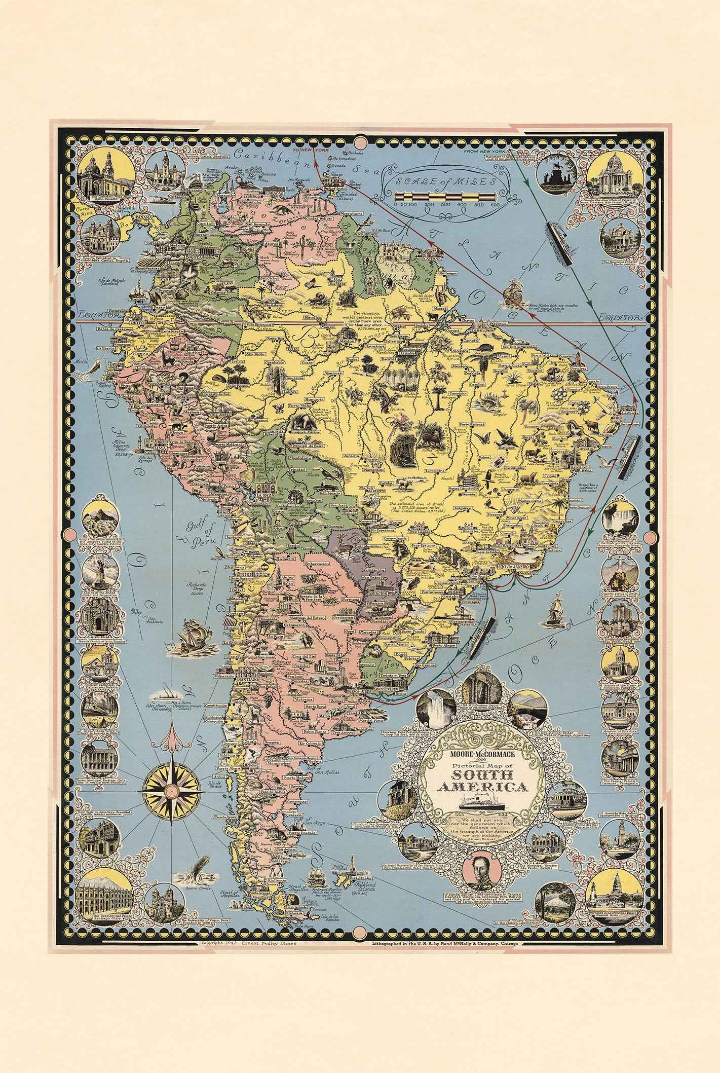 South America Pictorial Map Poster (1942) - Vintage Travel & Cruise Wall Art