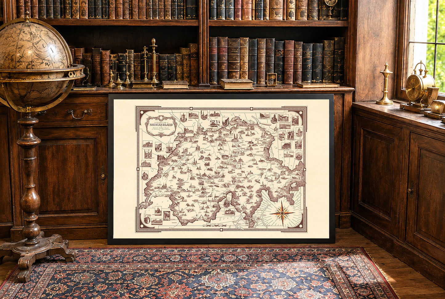 Póster del mapa pictórico de Suiza (1936) - Arte de pared vintage de viajes suizos