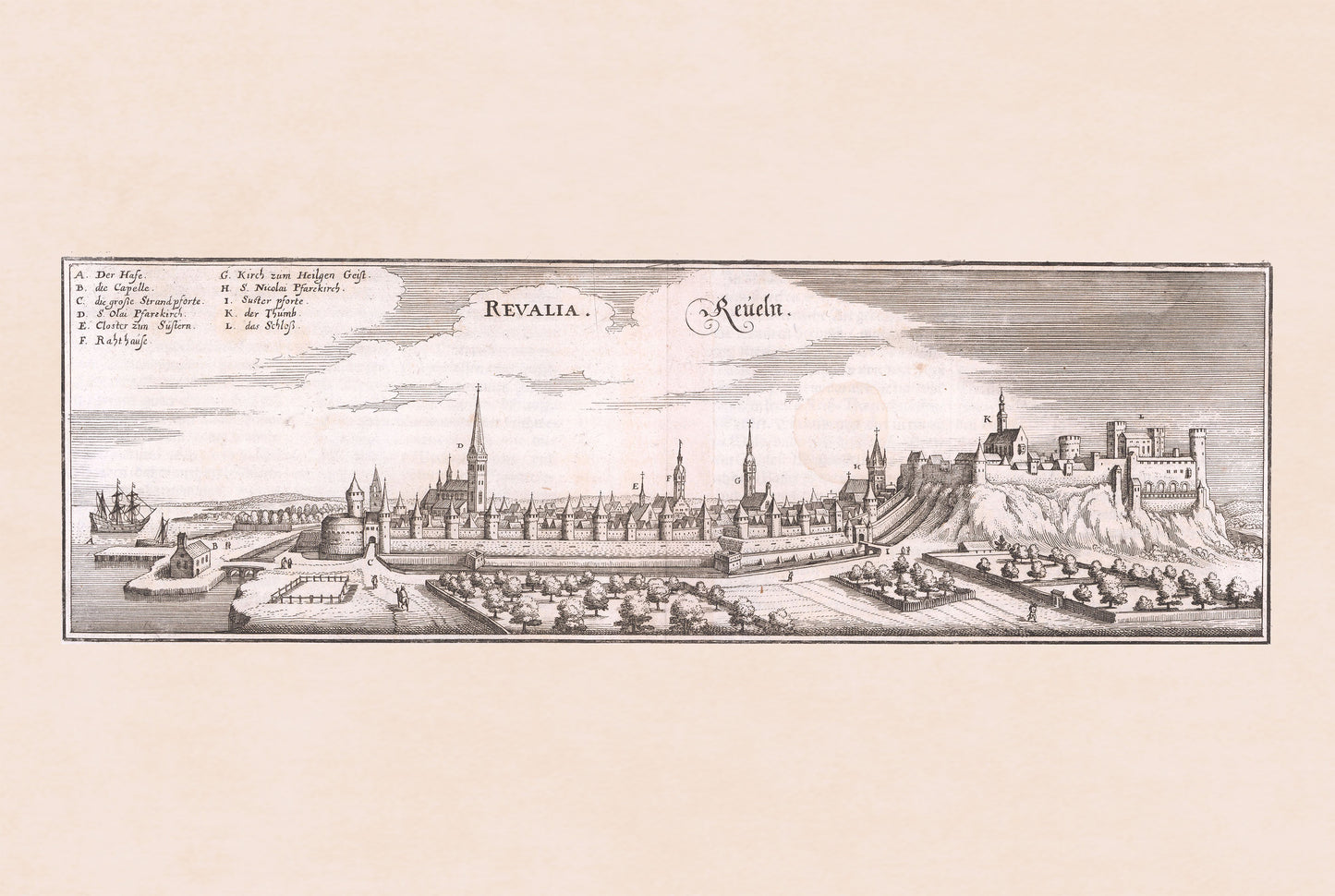 Poster Carte de la Ville de Tallinn (1652) - Gravure Ancienne de Reval pour Décoration Murale