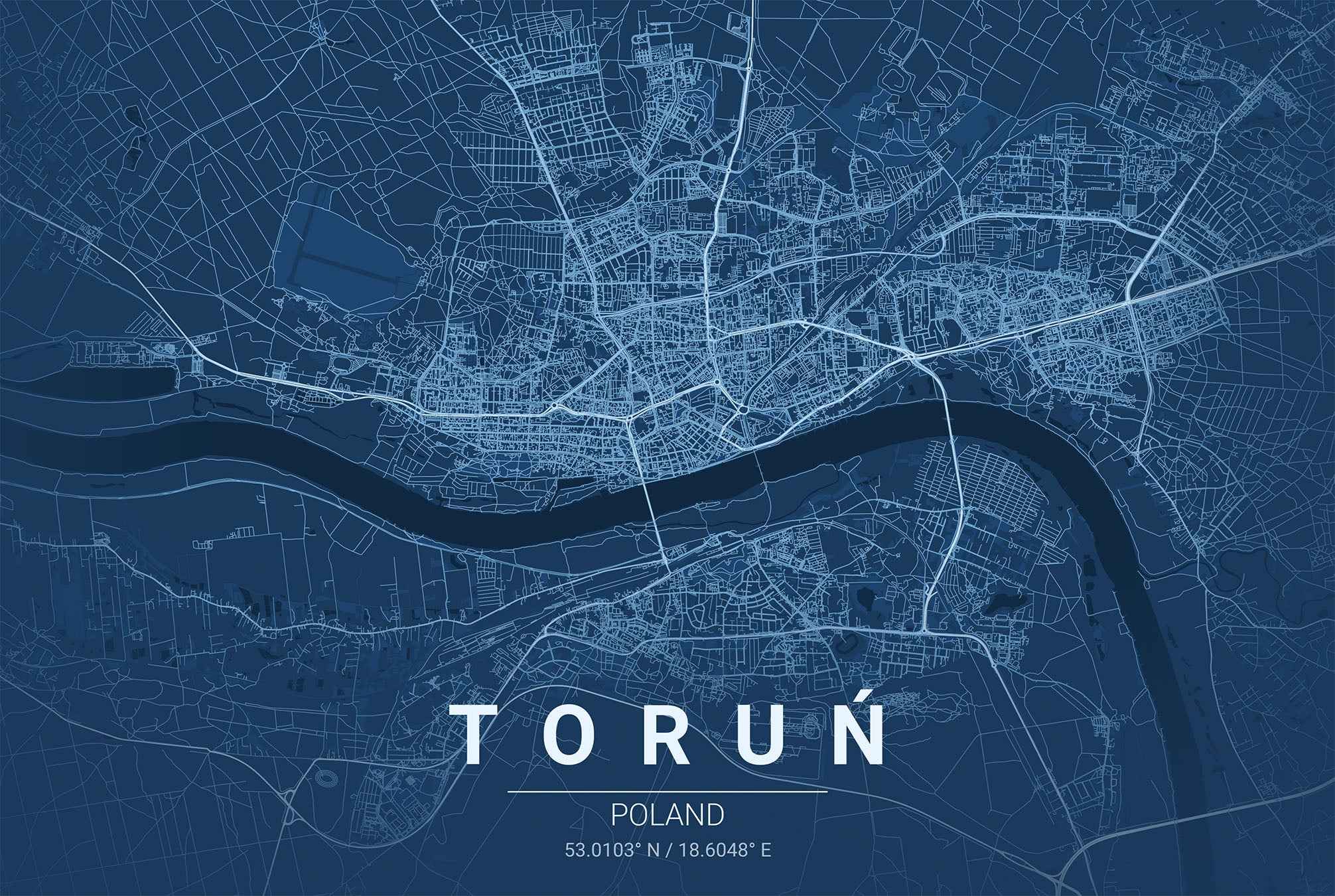 Toruń Blueprint Map - Modern City Street Wall Art