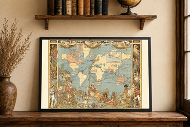 Affiche de carte de l'Empire britannique de l'époque victorienne (1886) représentant les régions du monde et les tenues culturelles