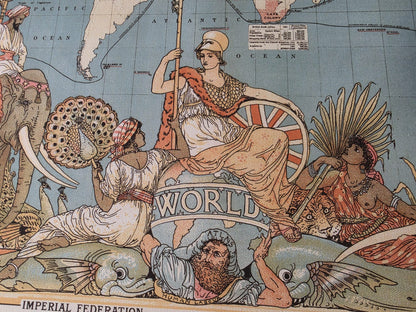 Póster del mapa del Imperio Británico de la era victoriana (1886) con regiones globales y vestimenta cultural