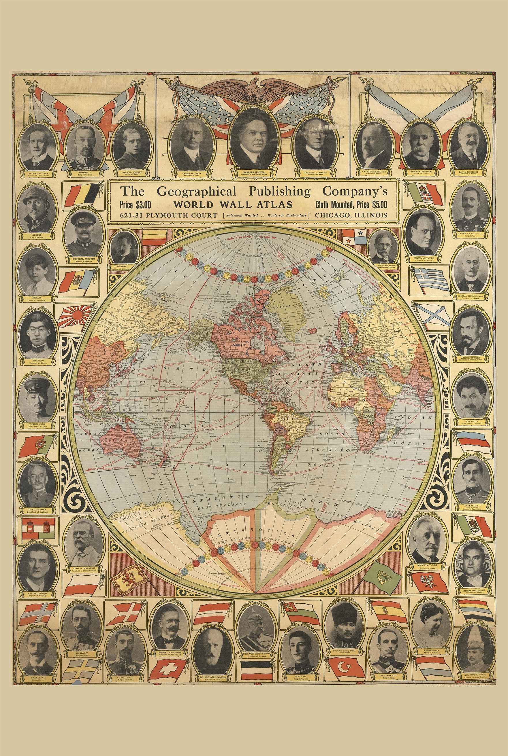 Vintage 1921 World Map - Decorative Wall Atlas Print with World Leaders Portraits - Strategy Maps
