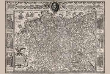 Vintage Germany Map 1630 - Decorative Print with Cities and Historical Clothing Details - Strategy Maps