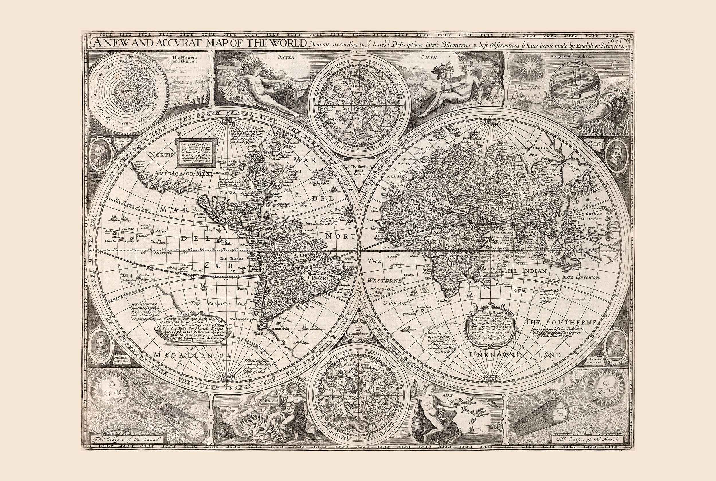 Vintage World Map 1651 - Decorative Print with Solar System, Stars and Natural Themes - Strategy Maps