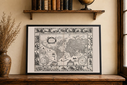 Mapa mundial vintage (1630) - Impresión artística que muestra mitología y las siete maravillas