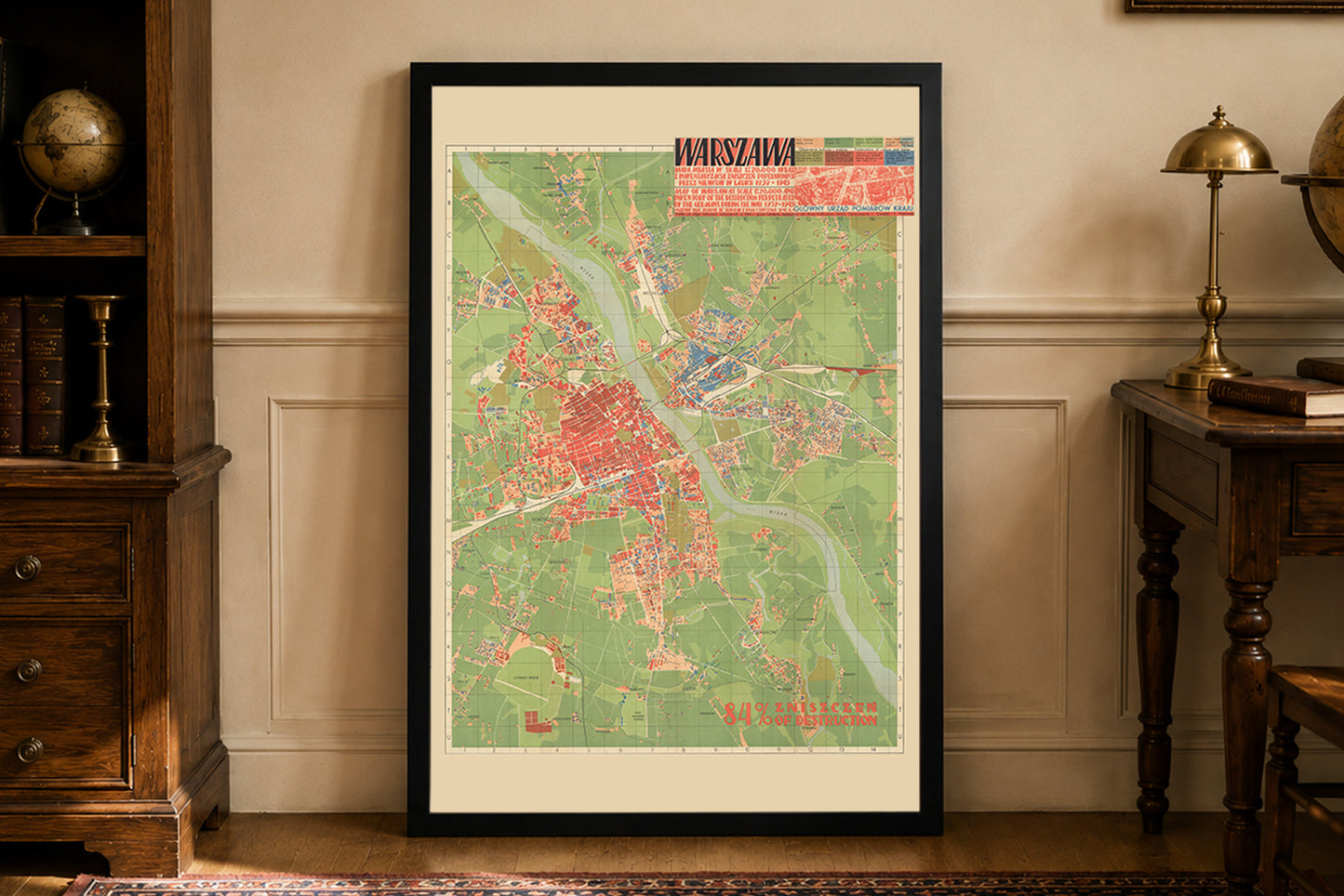 Affiche de la carte de Varsovie 1949 - Destruction de la Seconde Guerre mondiale