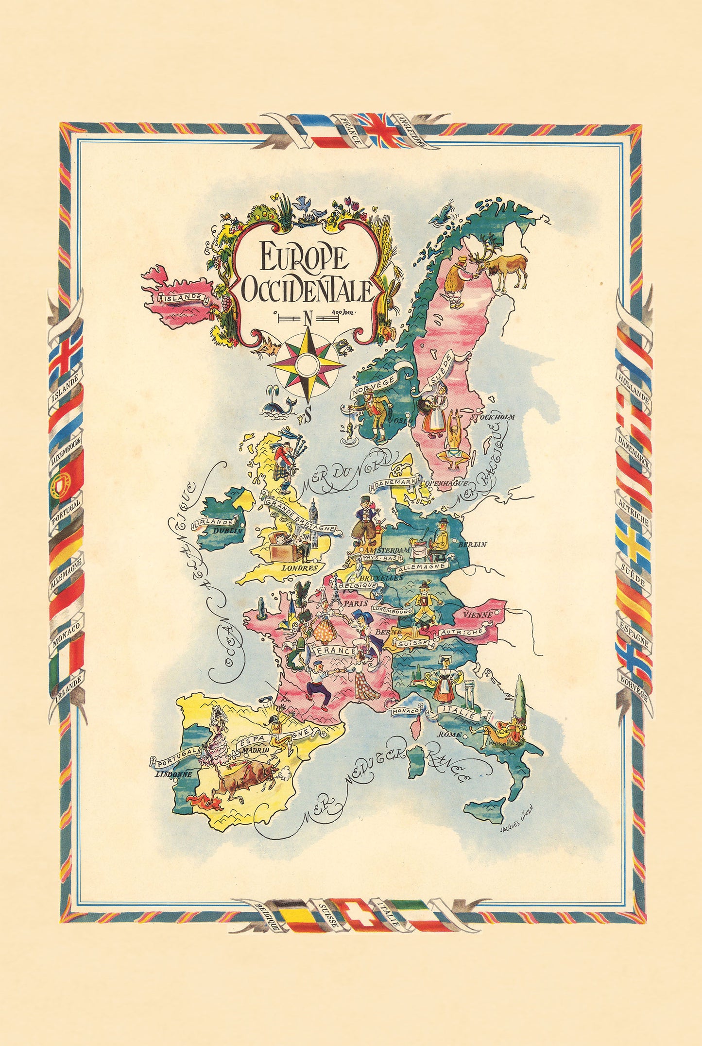 Carte illustrée de l'Europe de l'Ouest - Carte géographique vintage avec villes et faune