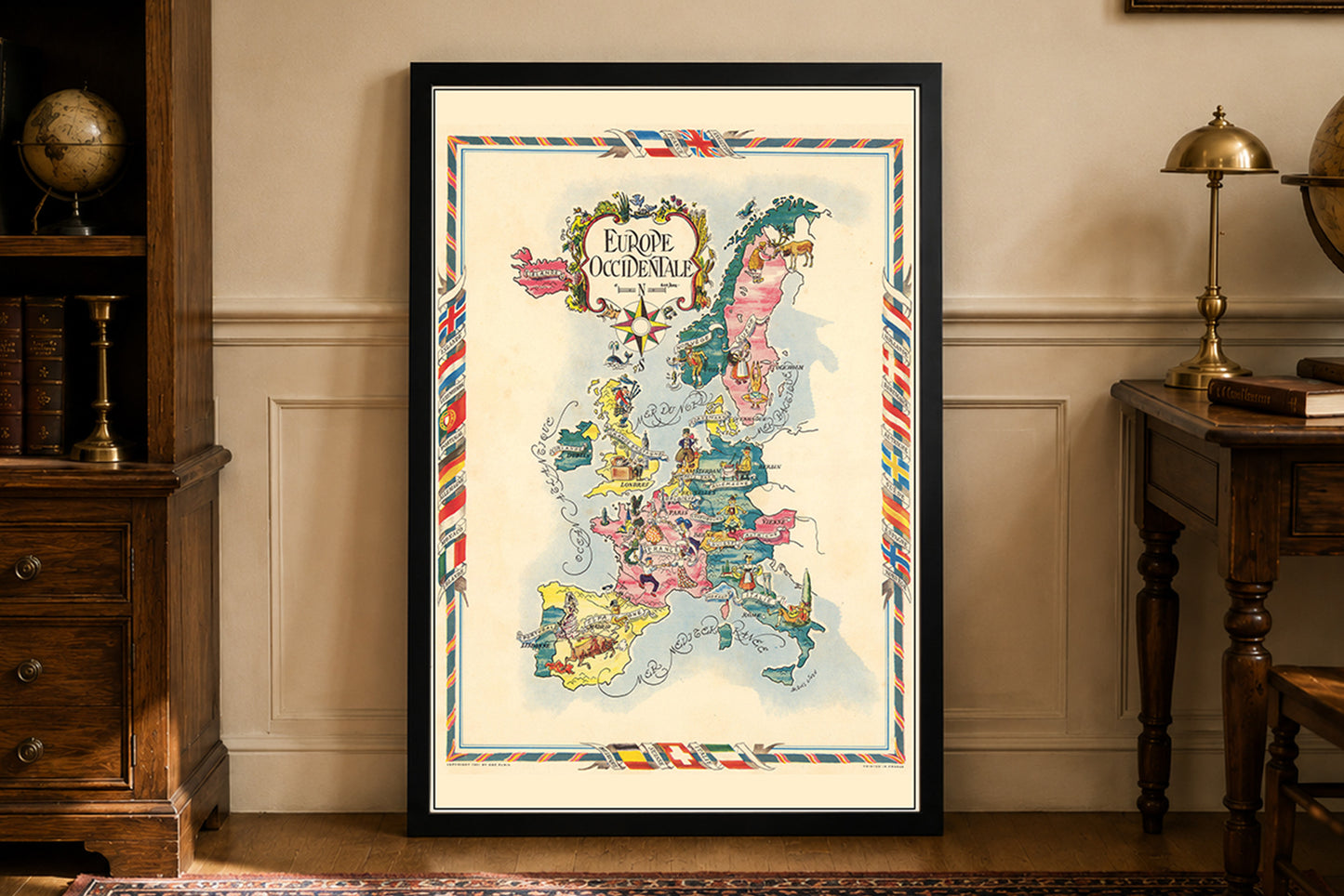 Europa occidentale mappa illustrata - Mappa pittorica vintage con città e fauna