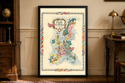 Europa occidentale mappa illustrata - Mappa pittorica vintage con città e fauna