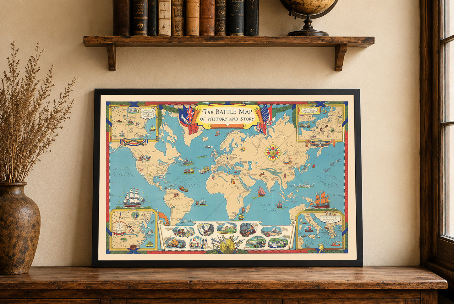 World History Map Print - Major Battles & Global Conflict Locations Illustrated